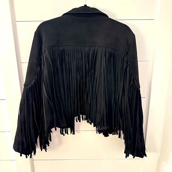 Y2K XL Fringe Black Faux Suede waist jacket cowgirl western festival Rock 90’s - Picture 3 of 12